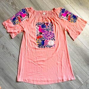 Velzera Coral Embroidered Tunic Peasant Off Shoulder  Small Floral Bird Peacock‎